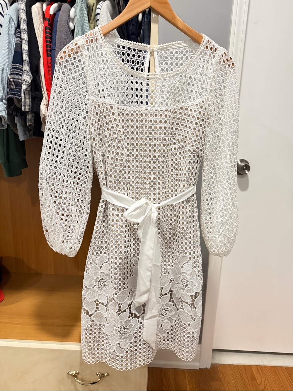 White House Black Market White Crochet Midi Dress with Tie Waist